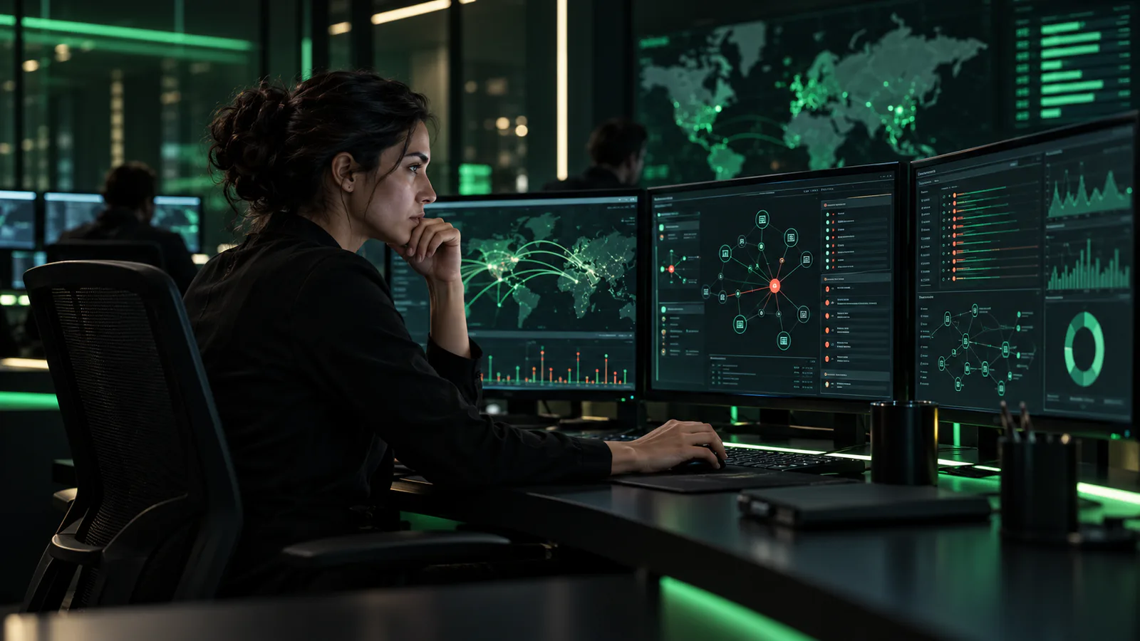 Illustrative security analyst investigating telemetry and evidence in a modern security operations centre